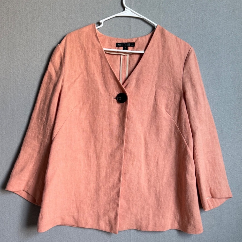 Lafayette 148 Jacket Women Sz 10 Peach Linen V-Neck Single Button Swing Blazer